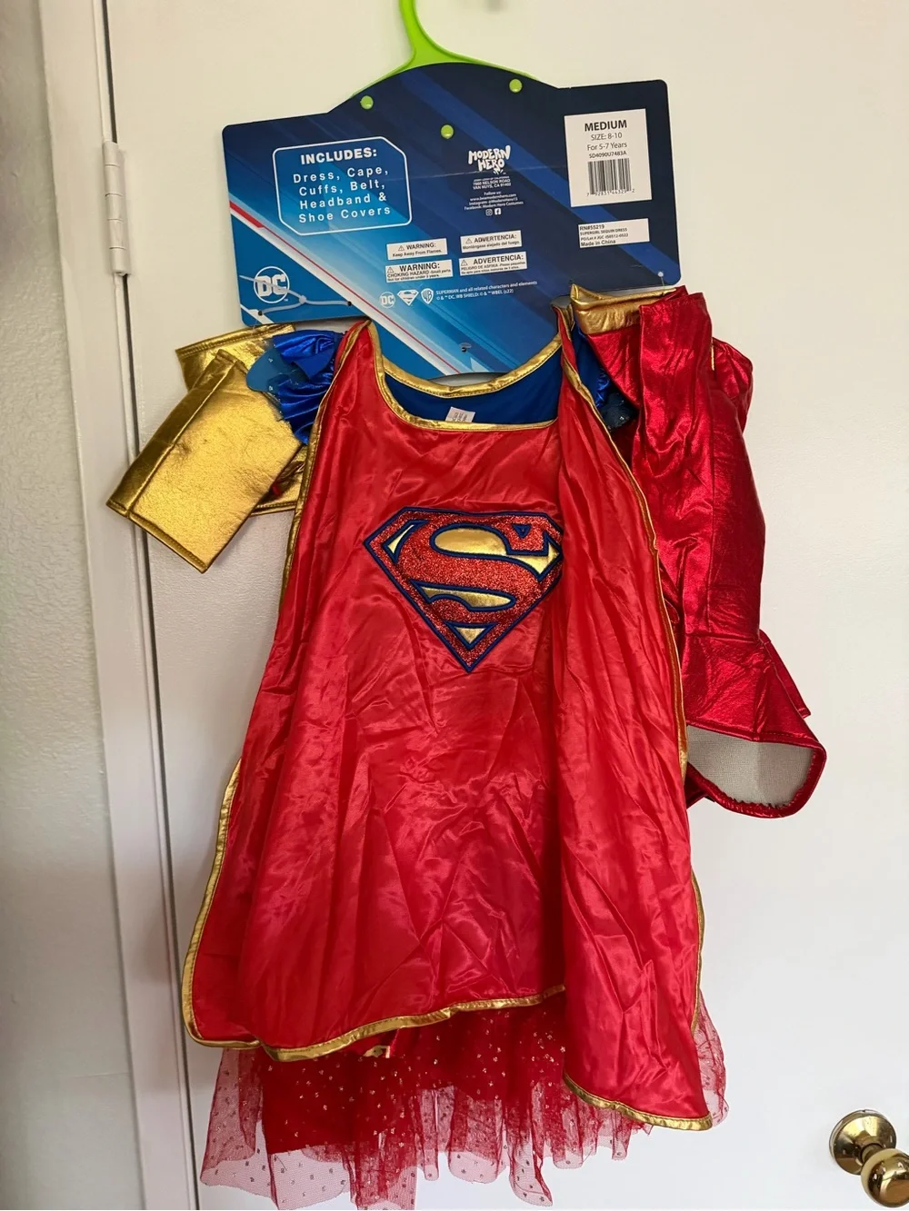 DC Supergirl-Style Red and Blue Sparkle Dress with Gold Accents